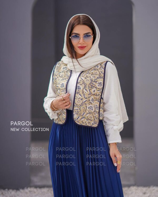 ست سه تیکه ترمه سورمه ای جلیقه کرم