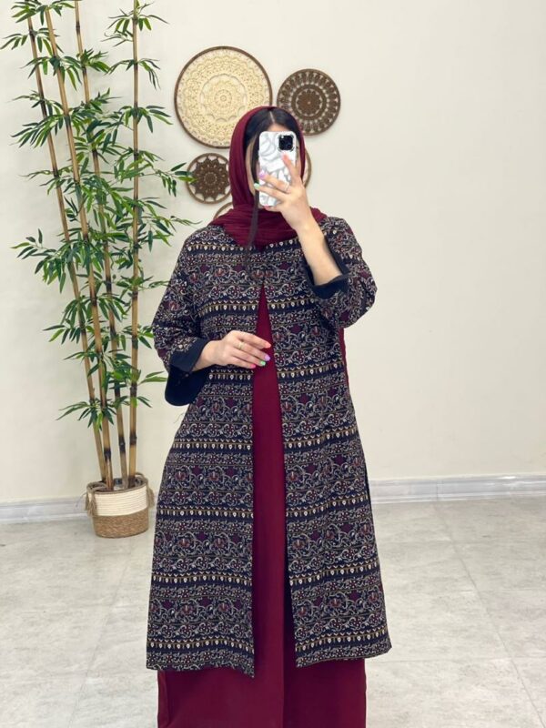 مانتو جیب در پیله سنتی سورمه ای زرشکی