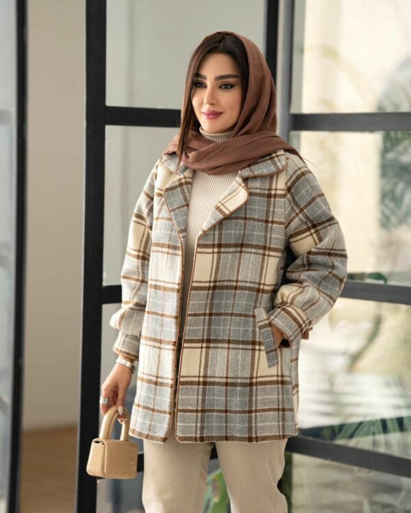 پالتو کتی چهارخونه مینو طوسی کرم قهوه ای
