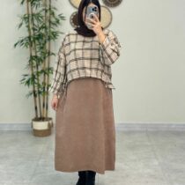 کراپ و سارافون میم نسکافه ای چهارخونه کرم قهوه ای
