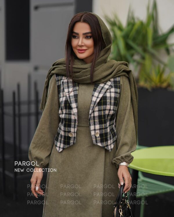 پیراهن جلیقه ایرانا زیتونی مشکی کرم