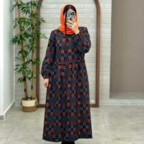پالتو زمستانی طرحدار مربعی طوسی نارنجی