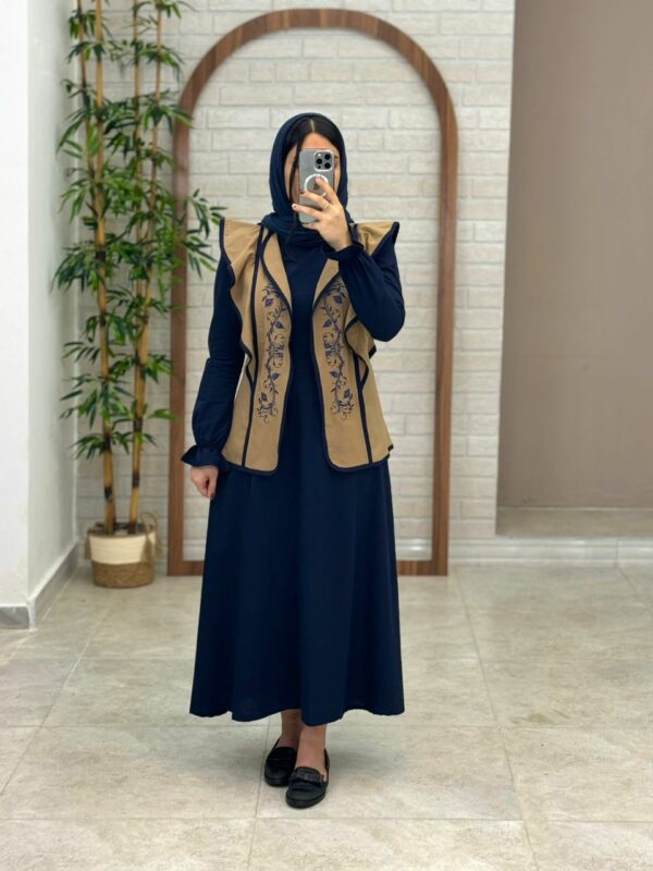 پیراهن جلیقه ابرا سورمه ای(رویه نسکافه ای)