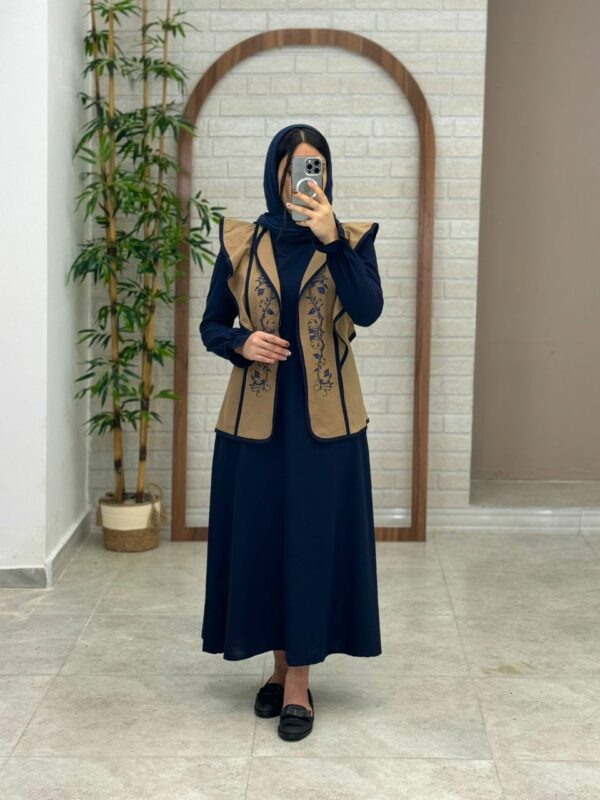 پیراهن جلیقه ابرا سورمه ای(رویه نسکافه ای)