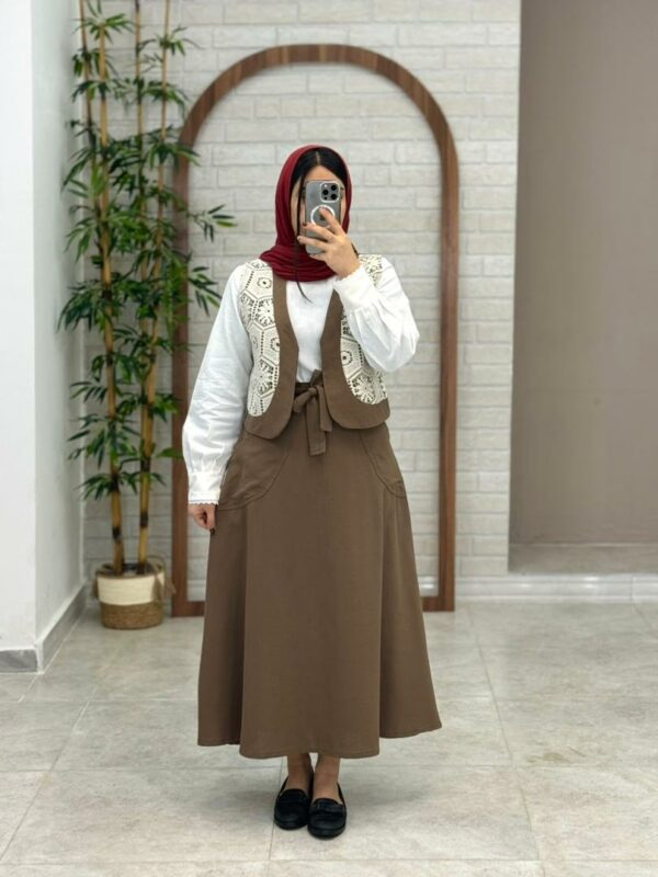 ست جلیقه دامن رونیا قهوه ای شکلاتی
