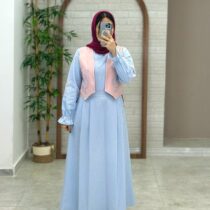 پیراهن جلیقه بته جقه آبی روشن صورتی