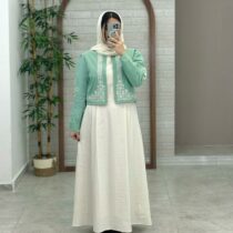 کت و سارافون نازلی کرم استخونی فیروزه ای