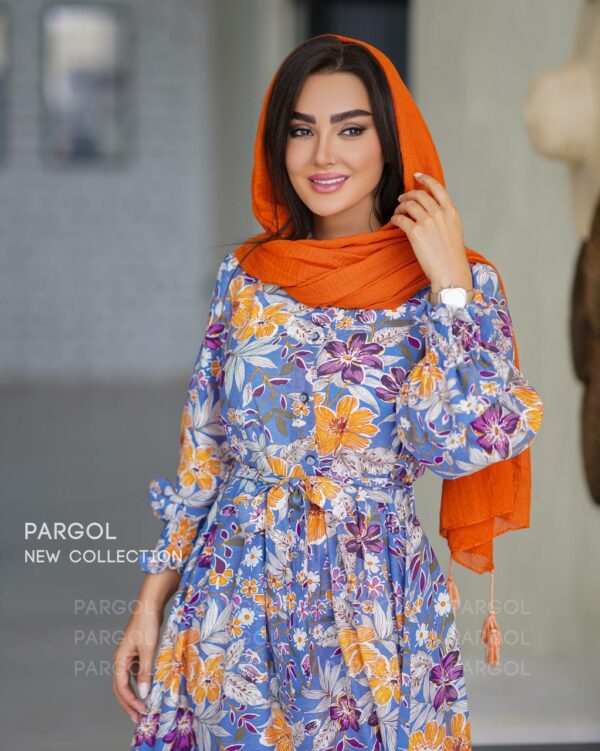 پیراهن سلاله آبی گل نارنجی