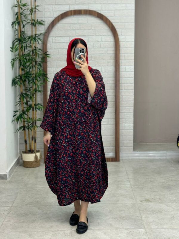 پیراهن خمره ای سورمه ای تیره گل قرمز