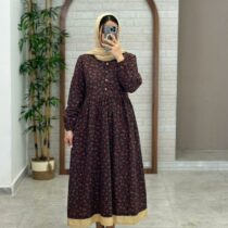 پیراهن نرگس قهوه ای گل کرم زرشکی