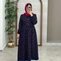 پیراهن نرگس سورمه ای گل صورتی