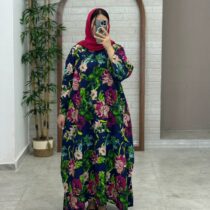 پیراهن پانچ بلوط سورمه ای گل درشت سرخابی