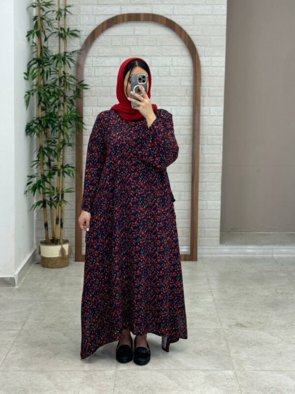 پیراهن پانچ بلوط سورمه ای تیره گل قرمز