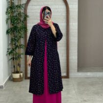 مانتو جیب در پیله سورمه ای گل صورتی