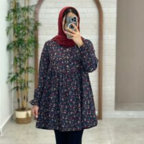 مانتو دلبر آبی نفتی گل قرمز