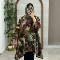 مانتو جلوبسته هنری طرح درخت قهوه ای سبز
