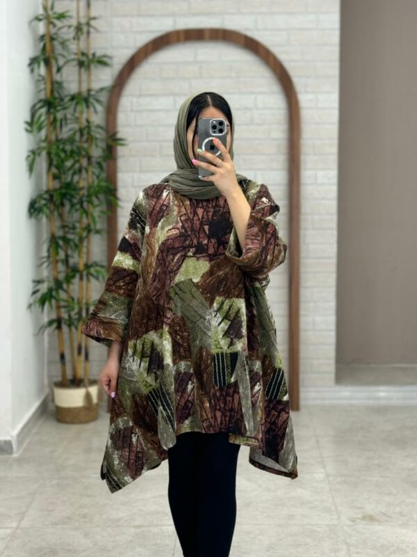 مانتو جلوبسته هنری طرح درخت قهوه ای سبز