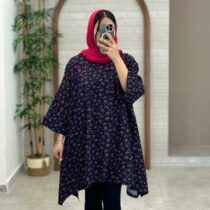 مانتو جلوبسته هنری سورمه ای گل ریز صورتی