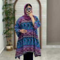 مانتو جلوبسته هنری بته جقه آبی صورتی