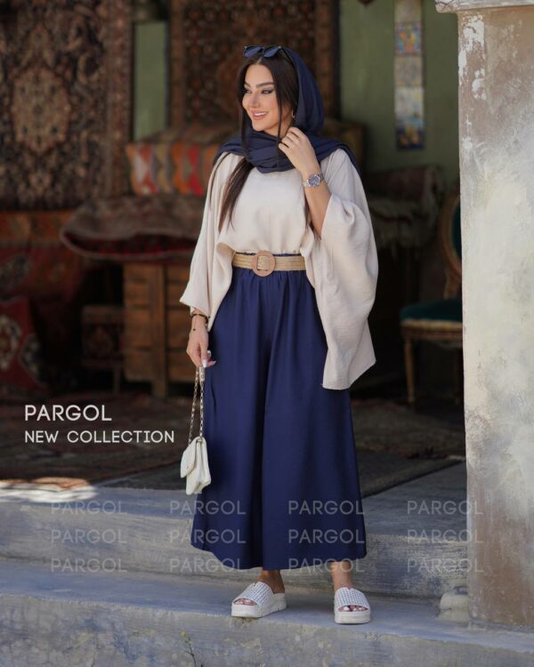 ست پانچ و شلوار آتوسا سورمه ای کرم روشن