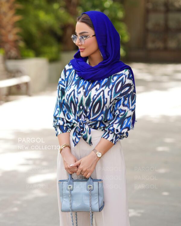 شومیز دلبر ایکات سفید سورمه ای