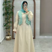 پیراهن جلیقه بته جقه کرم فیروزه ای