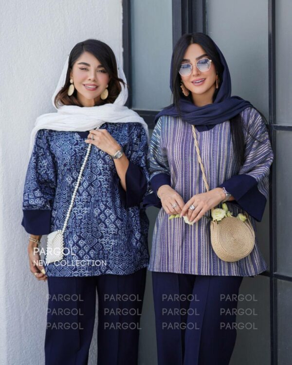 ست پانچ و شلوار شیدا سورمه ای طلاکوب حلقه ای