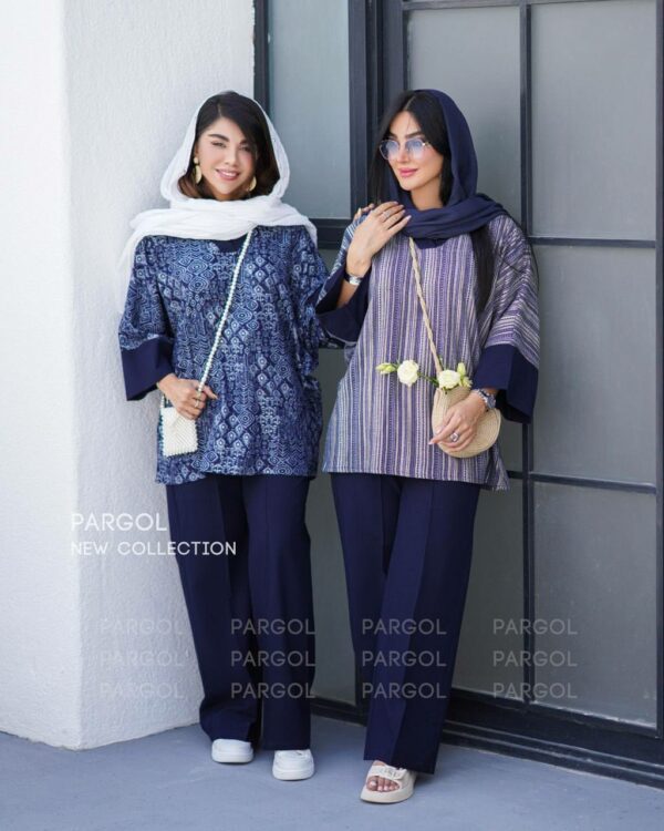 ست پانچ و شلوار شیدا سورمه ای طلاکوب حلقه ای