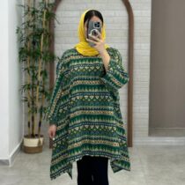مانتو جلوبسته هنری سبز خردلی طرح لوزی