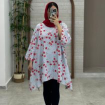مانتو جلوبسته هنری طوسی آبی گل قرمز