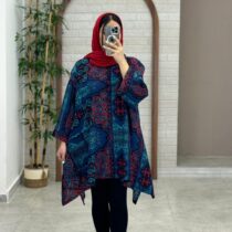 مانتو جلوبسته هنری سورمه ای قرمز طرح کاشی