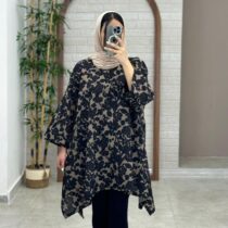مانتو جلوبسته هنری گلدار مشکی قهوه ای