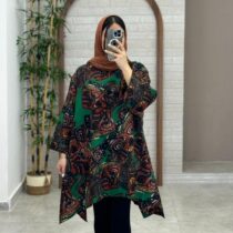 مانتو جلوبسته هنری سبز قهوه ای طرح چوب
