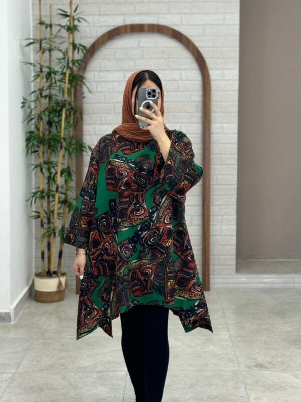 مانتو جلوبسته هنری سبز قهوه ای طرح چوب