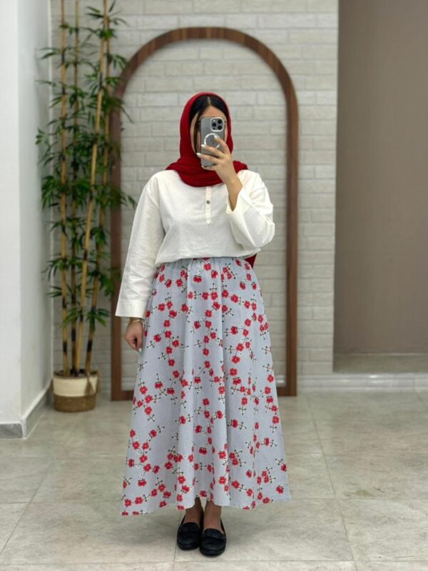 دامن سایه طوسی آبی گل قرمز