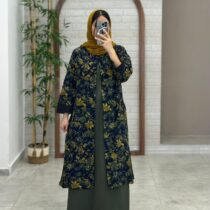 مانتو جیب در پیله سورمه ای گل زیتونی
