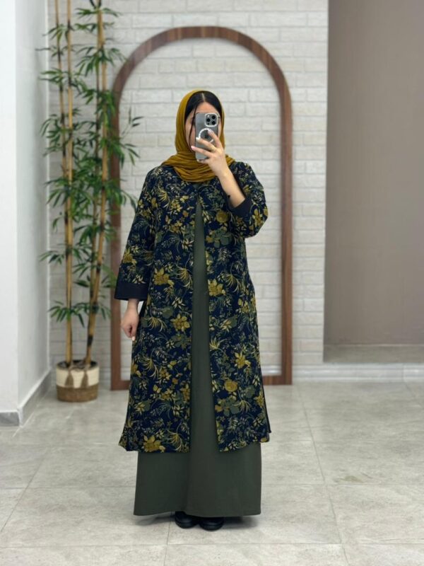 مانتو جیب در پیله سورمه ای گل زیتونی