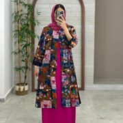 مانتو جیب در پیله صورتی رنگی طرح چاپی