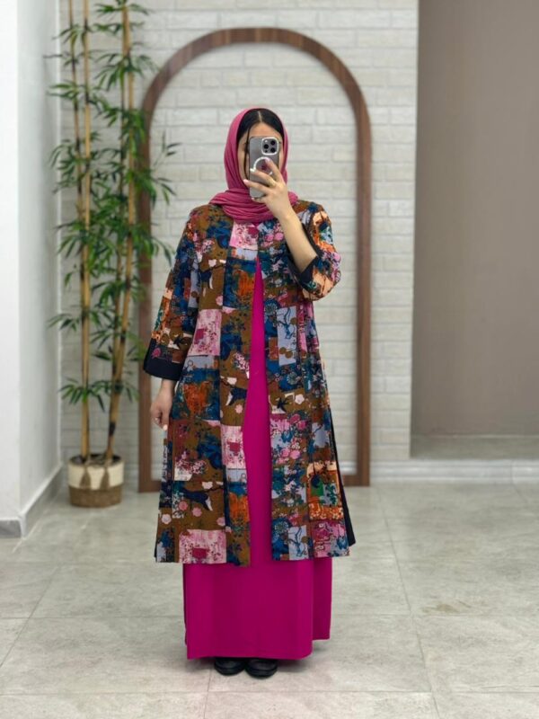 مانتو جیب در پیله صورتی رنگی طرح چاپی