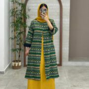 مانتو جیب در پیله سبز خردلی طرح لوزی