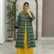 مانتو جیب در پیله سبز خردلی طرح لوزی