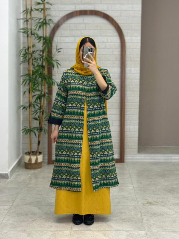 مانتو جیب در پیله سبز خردلی طرح لوزی