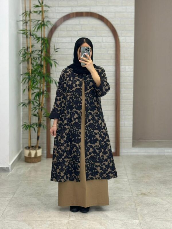 مانتو جیب در پیله گلدار مشکی قهوه ای