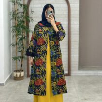 مانتو جیب در پیله سورمه ای گل رنگی