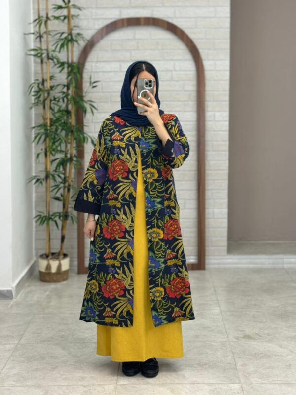 مانتو جیب در پیله سورمه ای گل رنگی