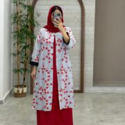 مانتو جیب در پیله طوسی آبی گل قرمز