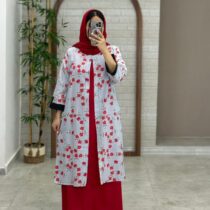 مانتو جیب در پیله طوسی آبی گل قرمز