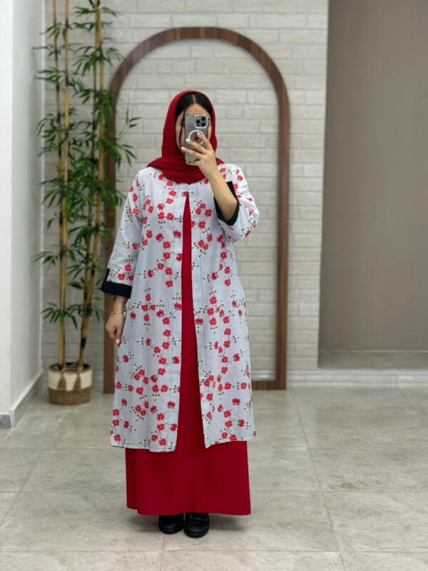 مانتو جیب در پیله طوسی آبی گل قرمز