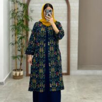 مانتو جیب در پیله سورمه ای طرحدار رنگی