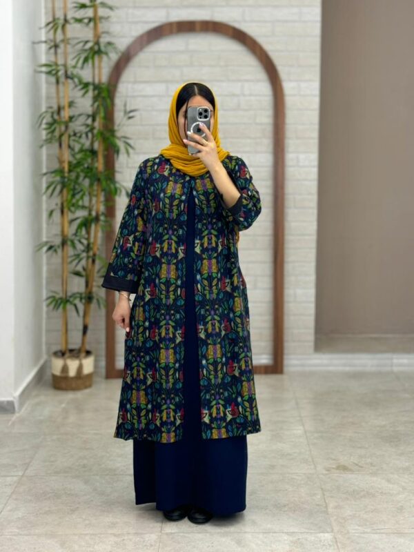 مانتو جیب در پیله سورمه ای طرحدار رنگی
